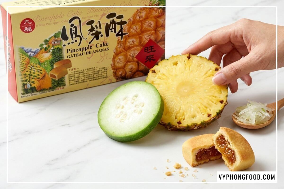 Lát dứa Quan Miếu mọng nước và khoanh bí đao xanh giòn, hai nguyên liệu làm bánh dứa tự nhiên trên bàn đá bếp.
