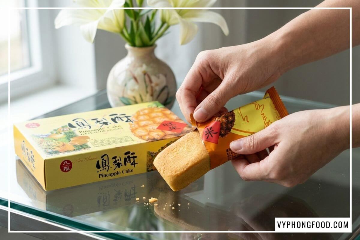Bóc túi bánh dứa thơm lừng nguyên vẹn, nhờ phụ gia làm bánh an toàn E281 trong bao bì màng nhôm kín khí.