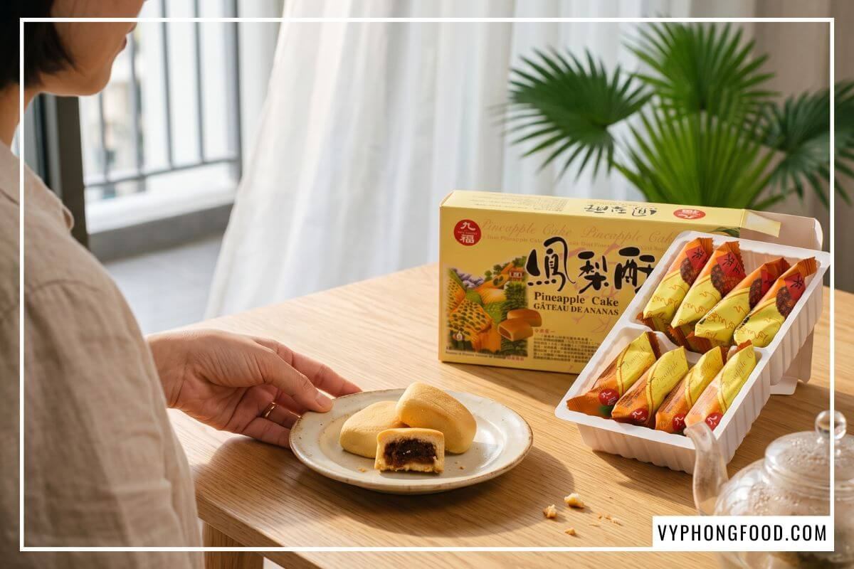 Hộp bánh dứa Đài Loan Nice Choice và đĩa bánh dứa nướng vàng ruộm trên bàn trà sồi, hé lộ nguyên liệu bánh dứa thơm bơ ít ngọt.