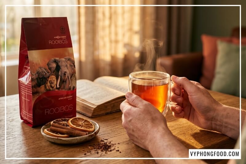 Đôi tay nâng tách hồng trà rooibos ấm áp giúp người đọc cảm nhận uống trà thảo mộc có tốt không vào buổi tối.