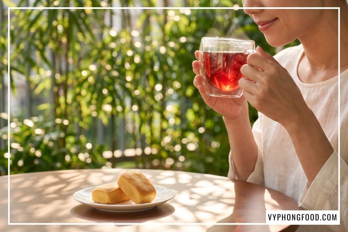 Đĩa bánh dứa thơm mềm đặt cạnh tách trà rooibos đỏ ruby làm quà biếu lễ Tết tao nhã.