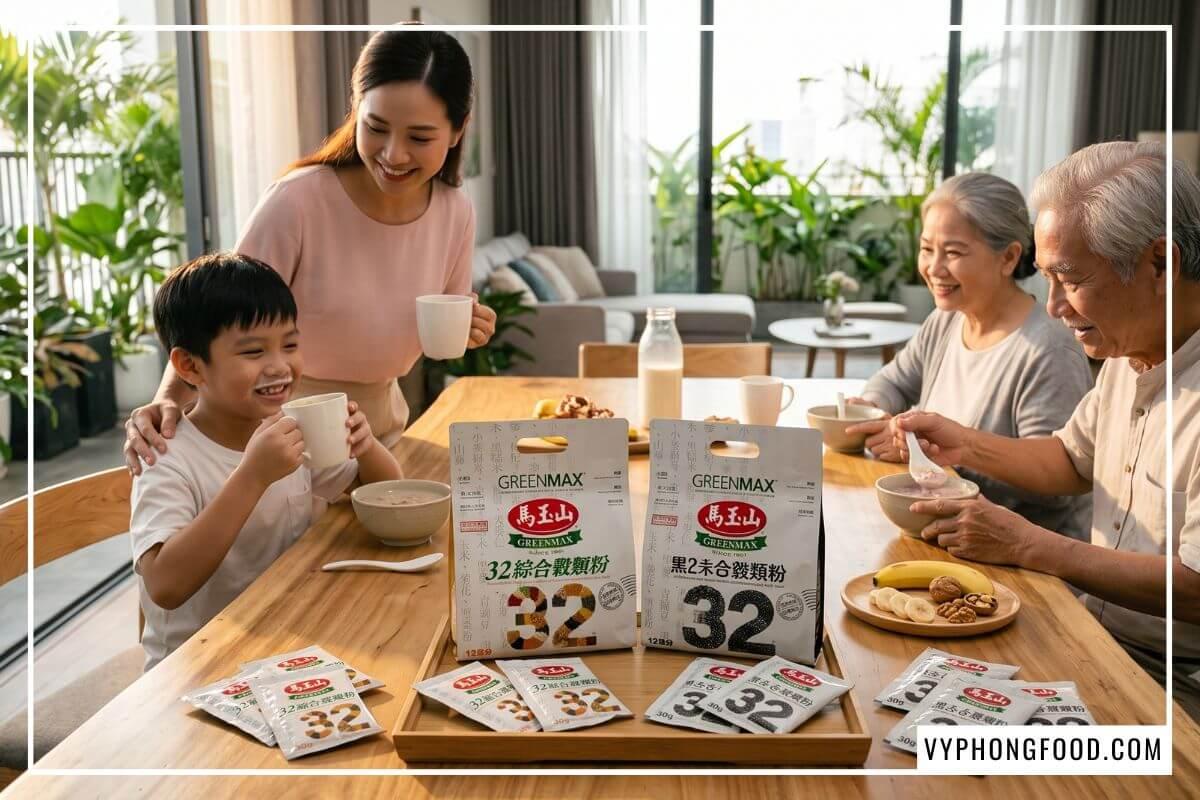 Gia đình ba thế hệ uống bột ngũ cốc 32 loại hạt và bột mè đen Greenmax bên bàn gỗ từ nơi chuyên cung cấp thực phẩm chay
