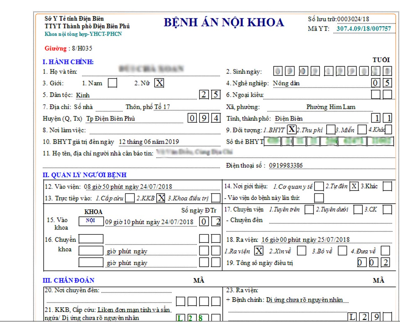 biểu mẫu bệnh án nội khoa trong phần mềm quản lý bệnh án điện tử E-EMR