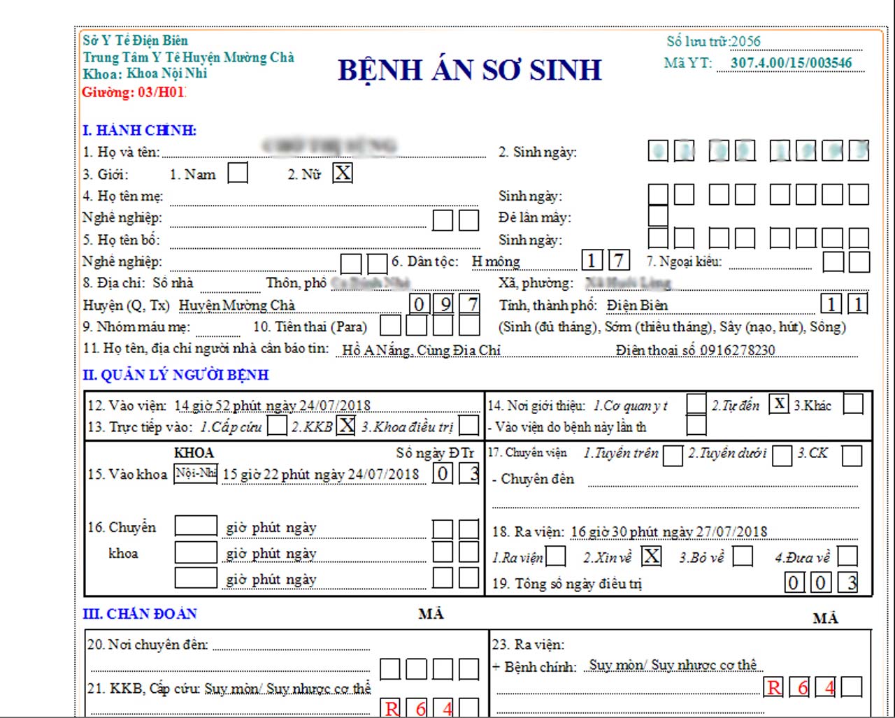 biểu mẫu bệnh án sơ sinh trong phần mềm quản lý bệnh án điện tử E-EMR