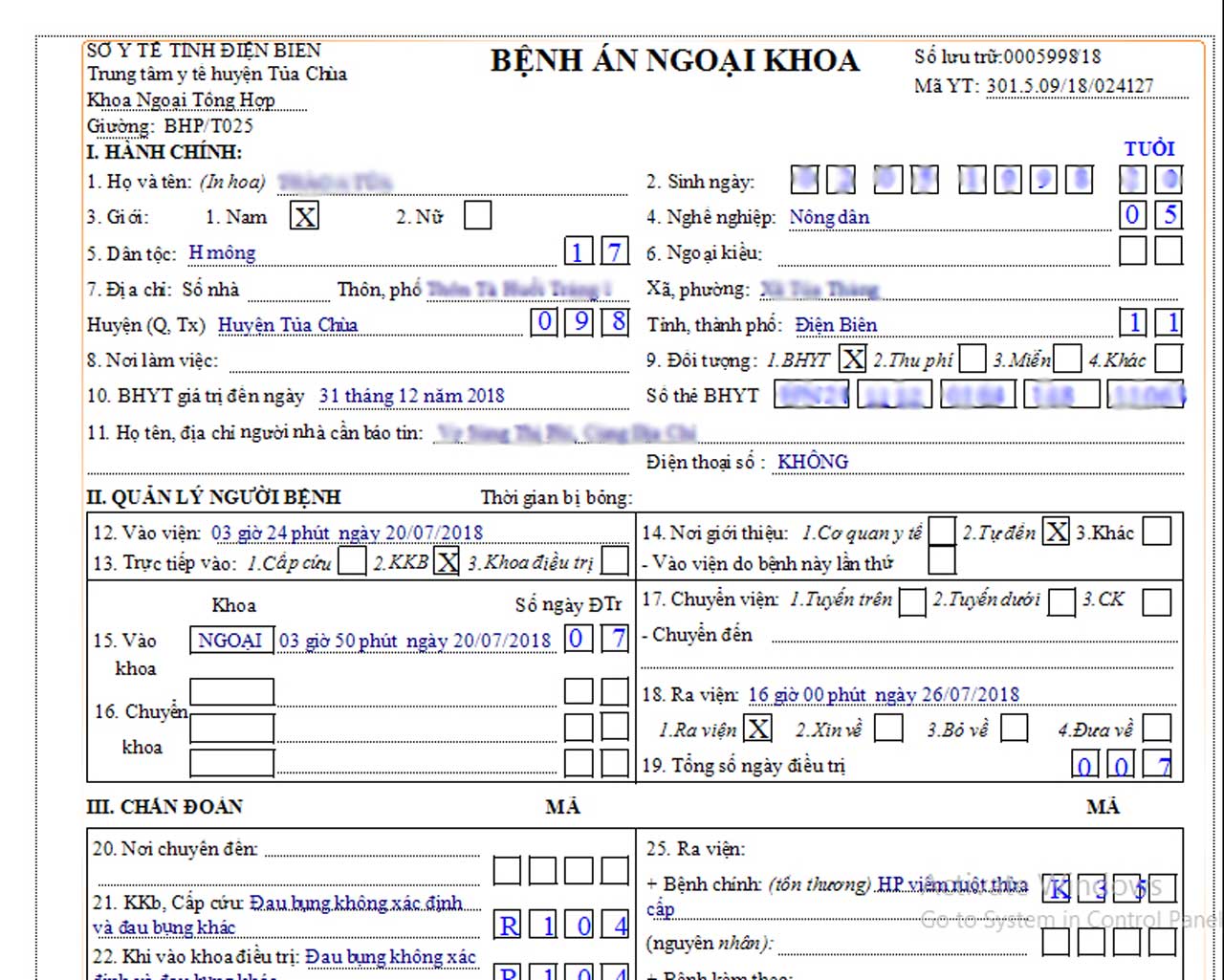 biểu mẫu bệnh án ngoại khoa trong phần mềm quản lý bệnh án điện tử E-EMR