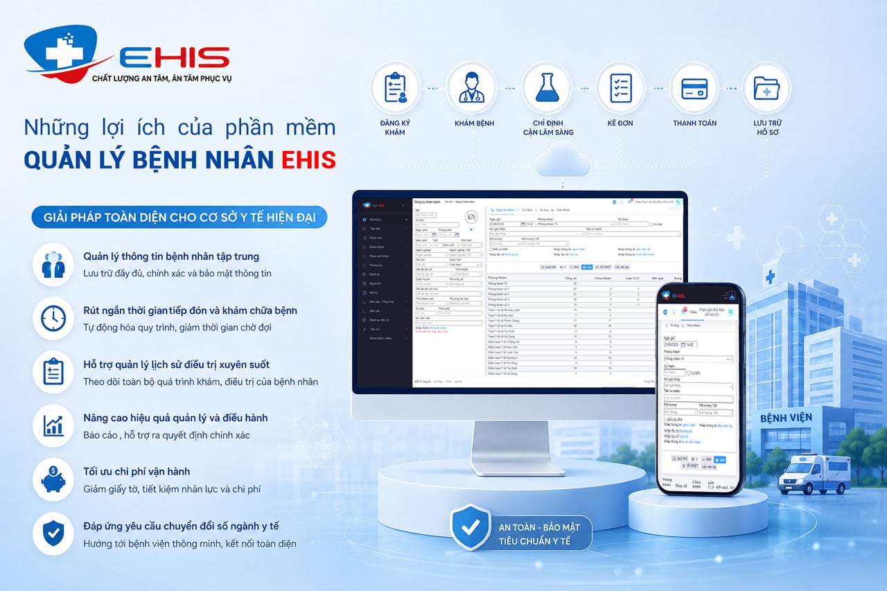 Phần mềm quản lý bệnh viện Ehis tích hợp quản lý bệnh nhân, bệnh án điện tử, báo cáo thời gian thực và liên thông dữ liệu phục vụ chuyển đổi số y tế.