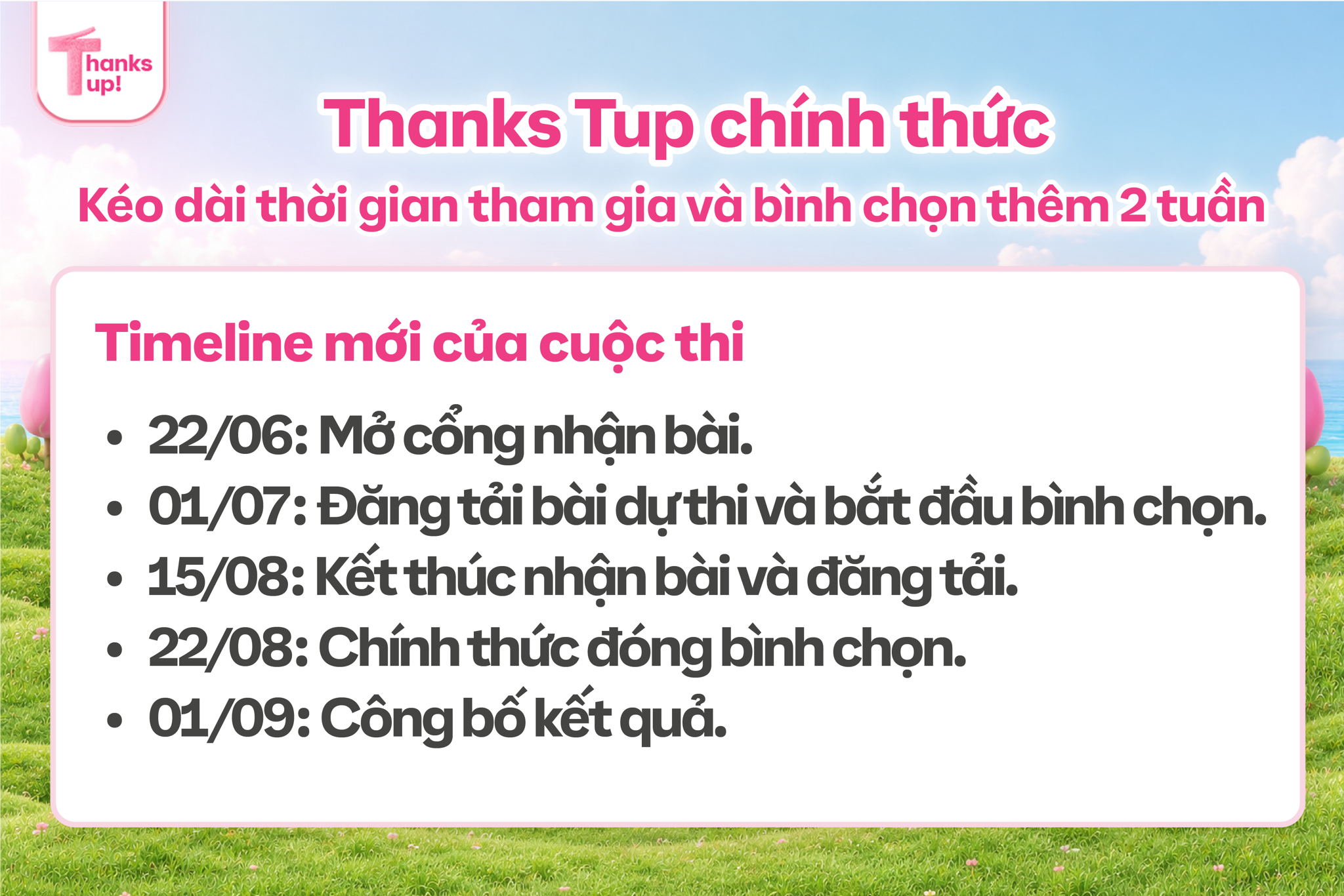 Timeline cuộc thi Thanks TUP 2026 với các mốc thời gian nhận bài, bình chọn và công bố kết quả.