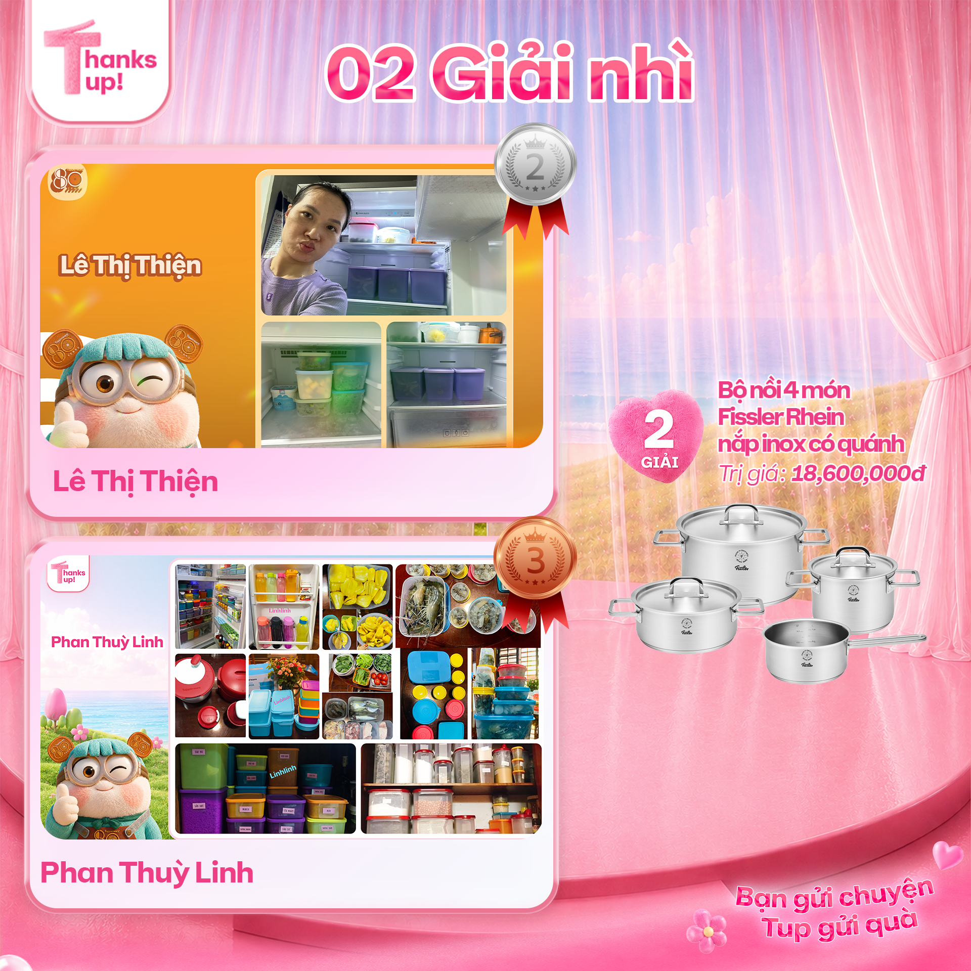 Chị Lê Thị Thiện và chị Phan Thùy Linh trúng giải Nhì bộ nồi Fissler cuộc thi Thanks Tup
