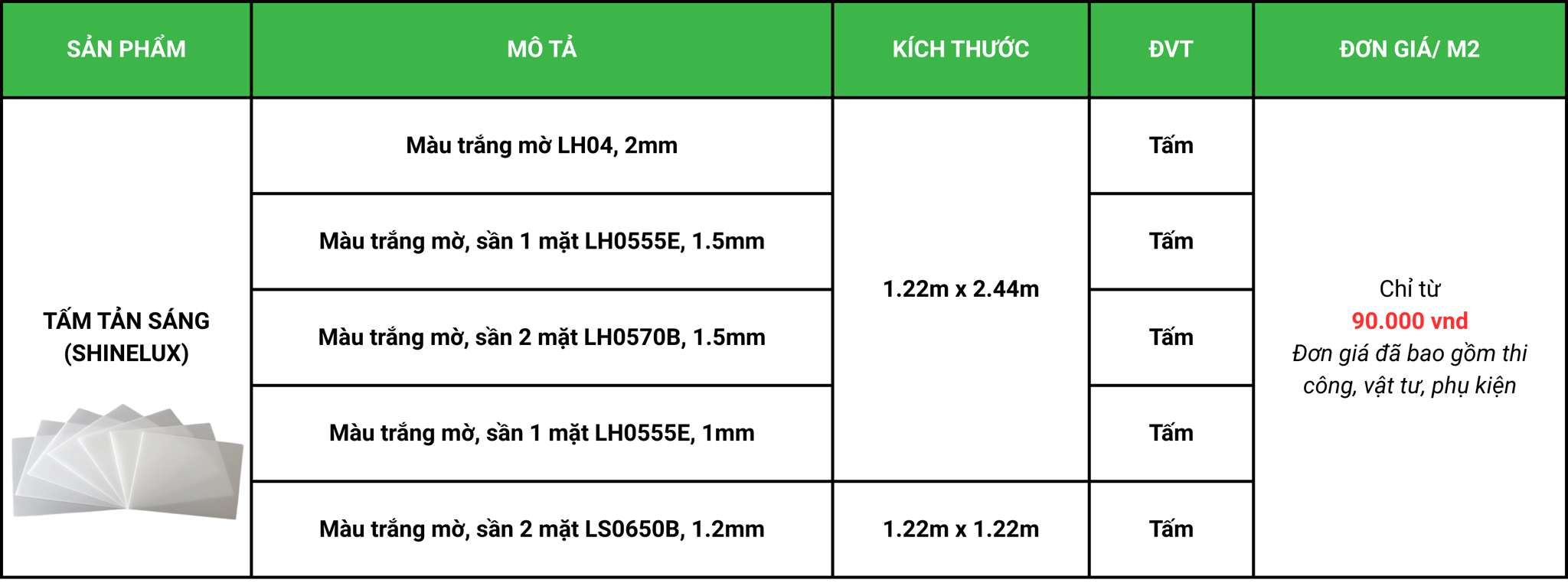 bảng báo giá tấm tản sáng