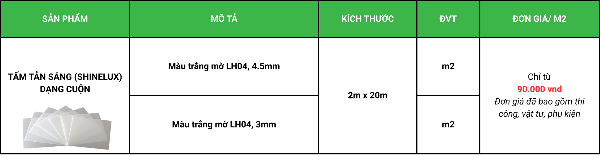 bảng báo giá tấm tản sáng