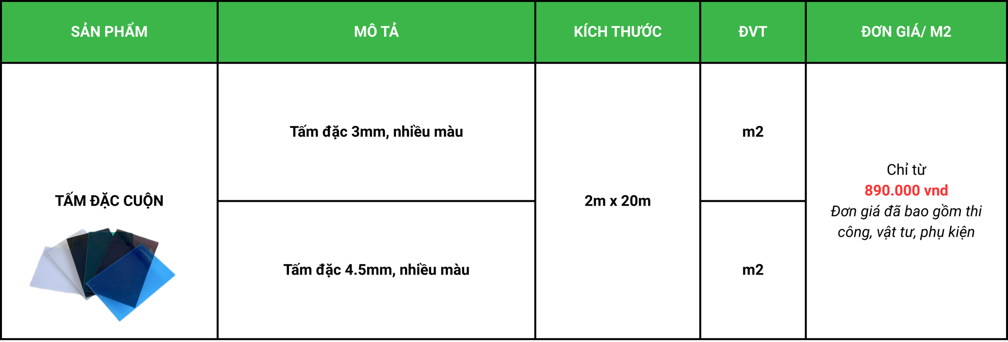 bảng báo giá tấm polycarbonate đặc cuộn
