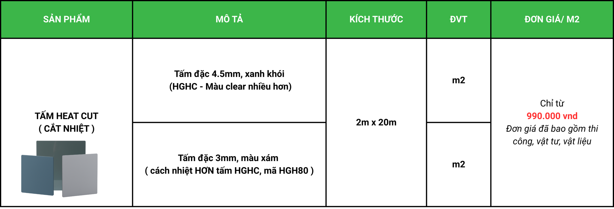 bảng báo giá tấm polycarbonate heatcut