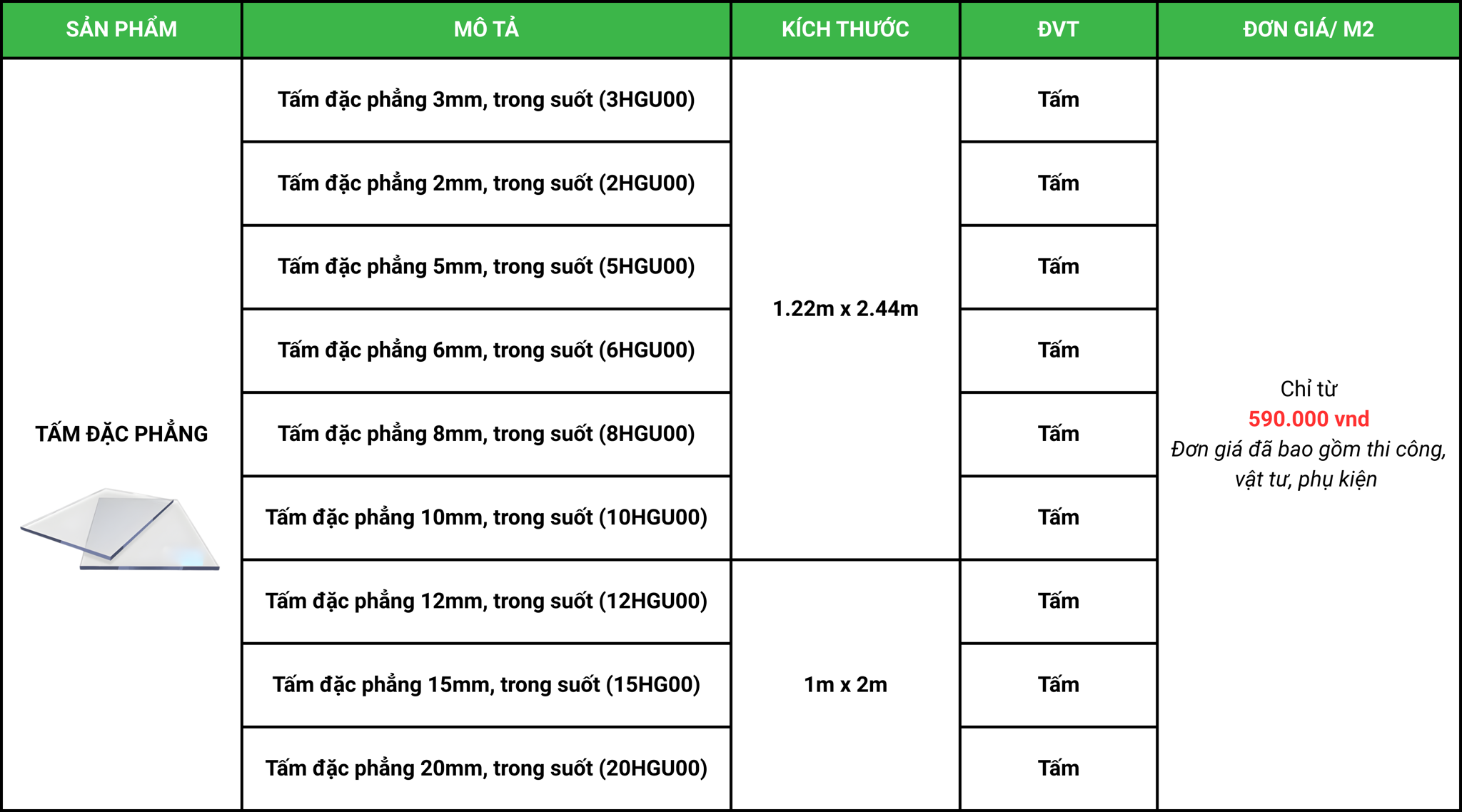 bảng báo giá tấm polycarbonate đặc