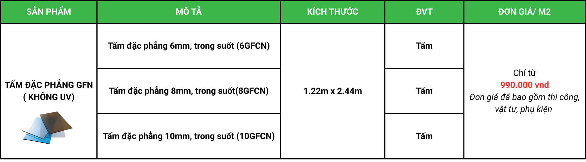 bảng báo giá tấm polycarbonate đặc phẳng