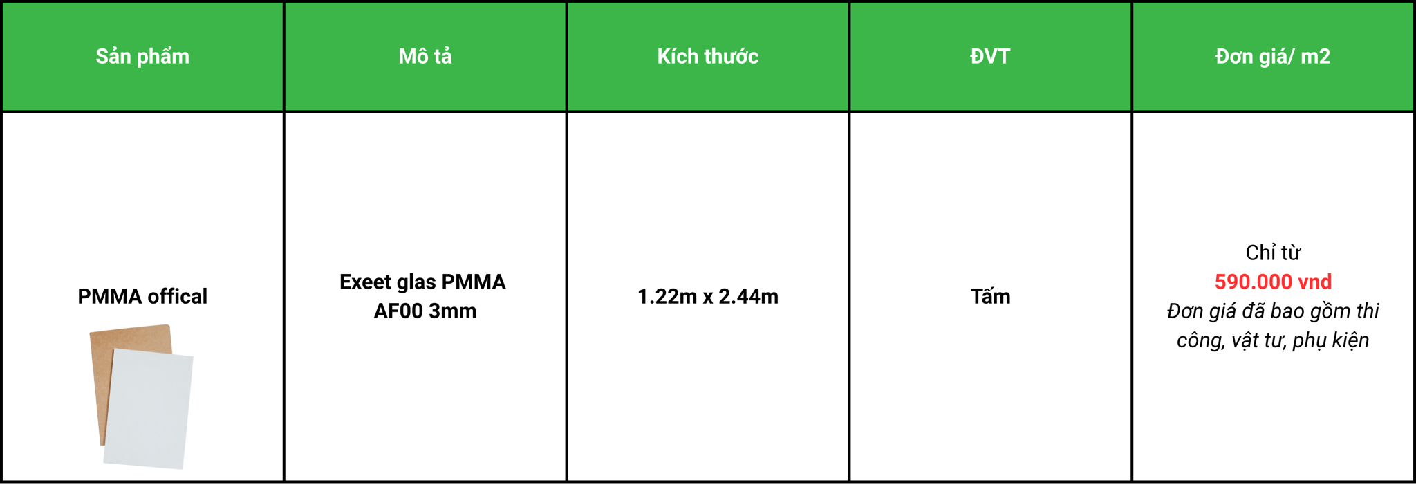 bảng báo giá PMMA