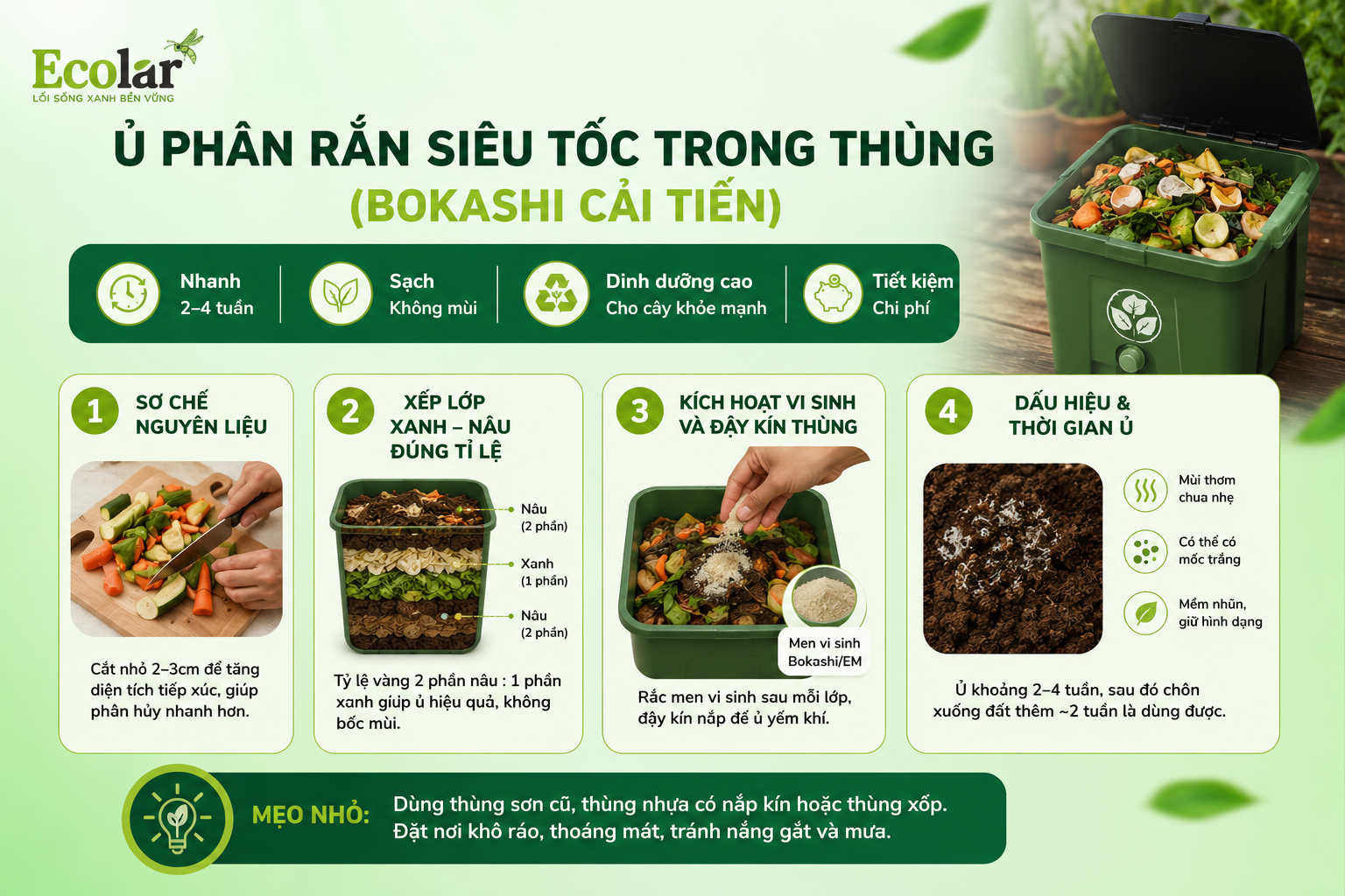 Phương Pháp 1: Ủ Phân Rắn Siêu Tốc Trong Thùng (Bokashi Cải Tiến)