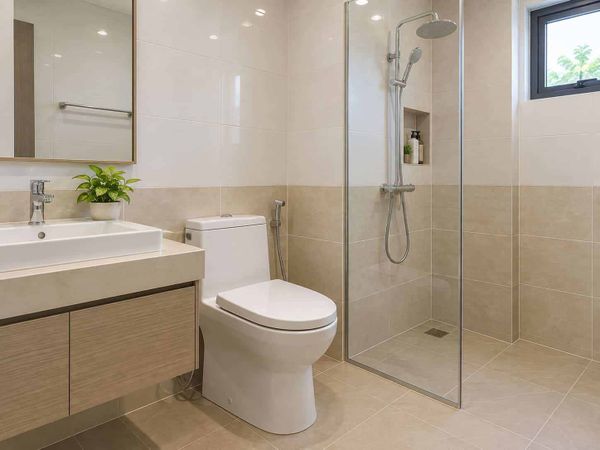 Phối trắng và be cho nhà vệ sinh sáng, ấm