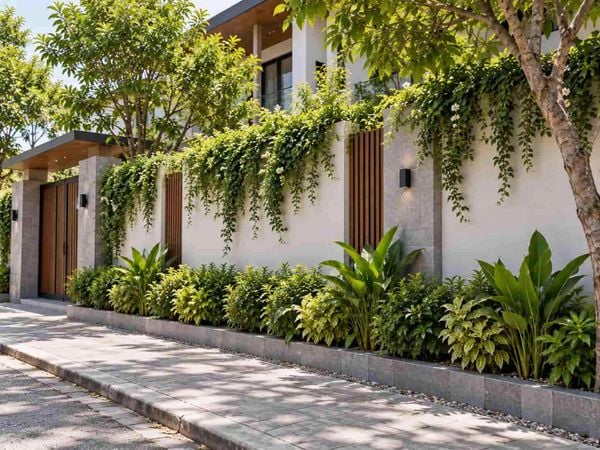 Mẫu tường rào xây đẹp kết hợp cây xanh