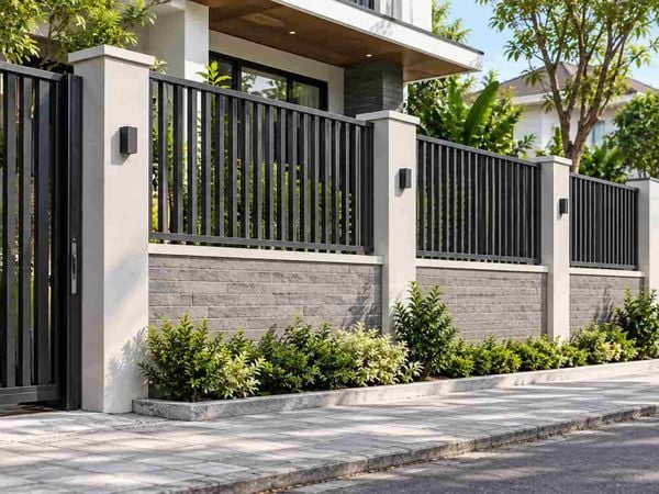 Mẫu hàng rào xây tường đẹp kết hợp lam sắt
