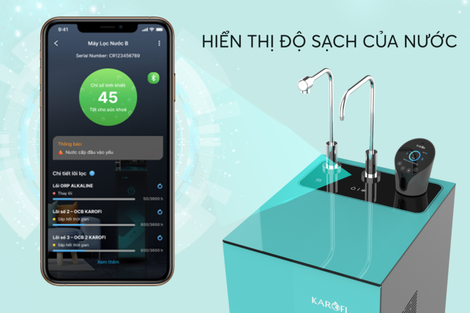 Màn hình hiển thị chỉ số TDS (Total Dissolved Solids) phản ánh độ tinh khiết