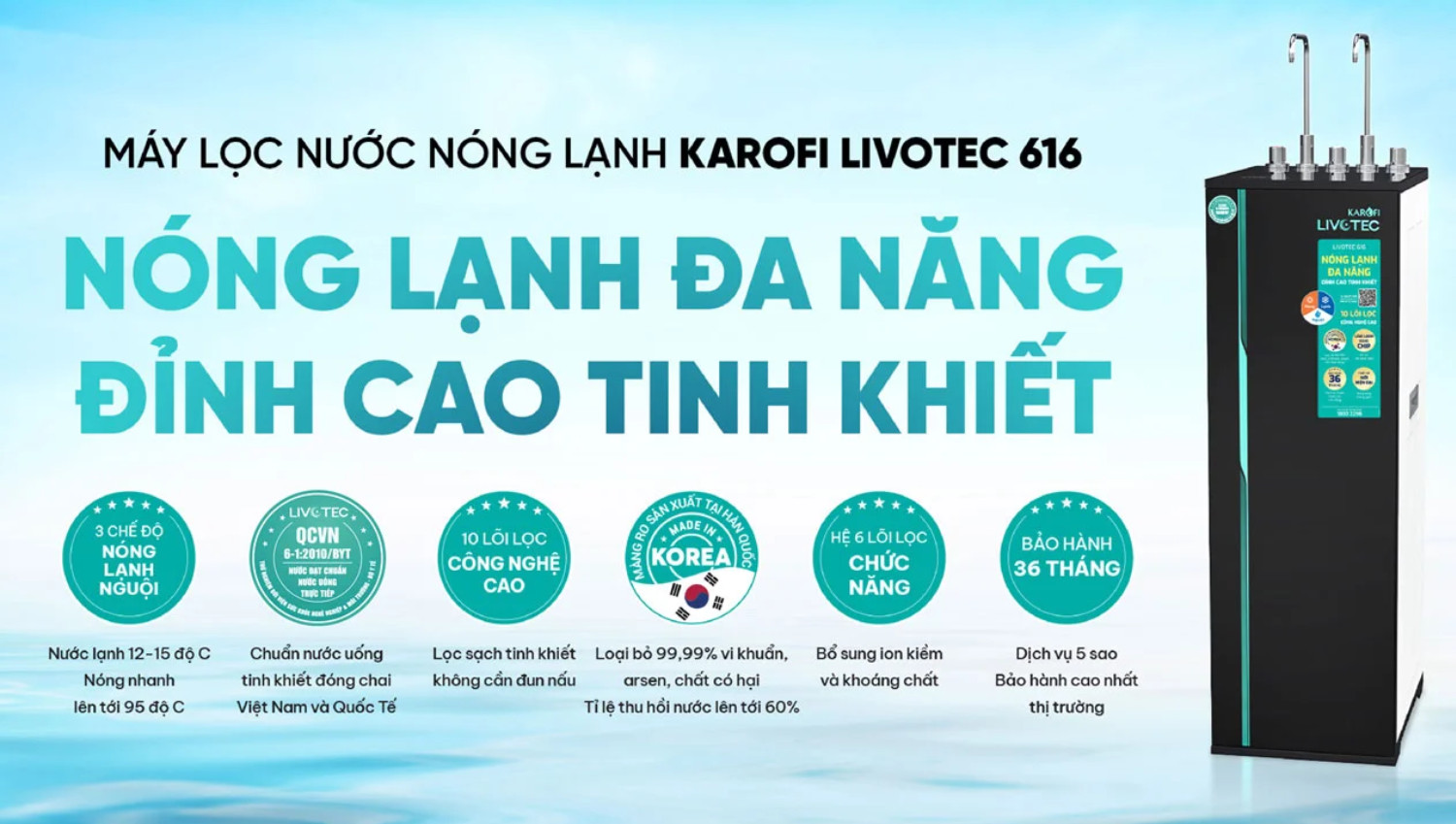 Máy lọc nóng lạnh Karofi Livotec 616 là giải pháp nguồn nước toàn diện cho gia đình