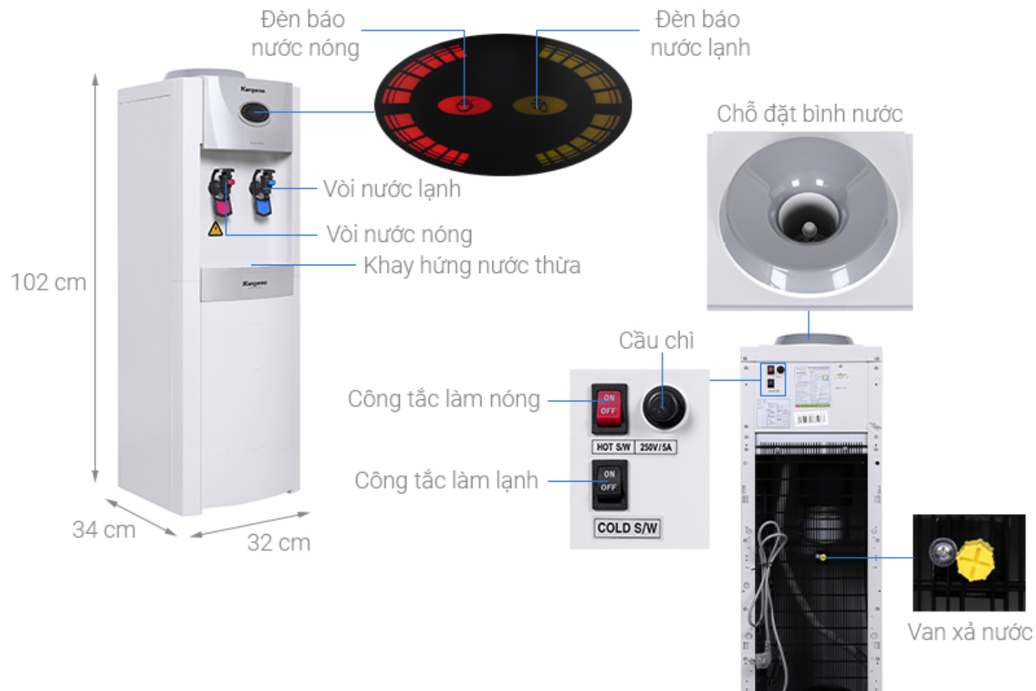 Kangaroo KG45 có dáng tủ đứng thanh lịch, màu trắng xám tối giản