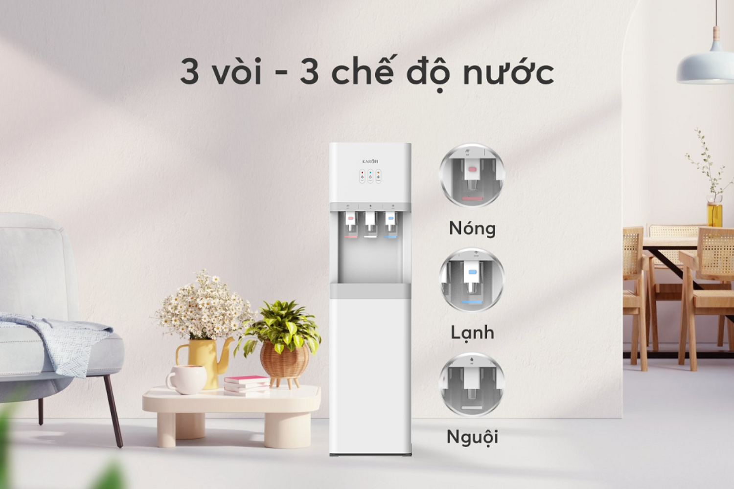 Cây nước nóng lạnh Karofi HCV208 được thiết kế với 3 vòi nước riêng biệt