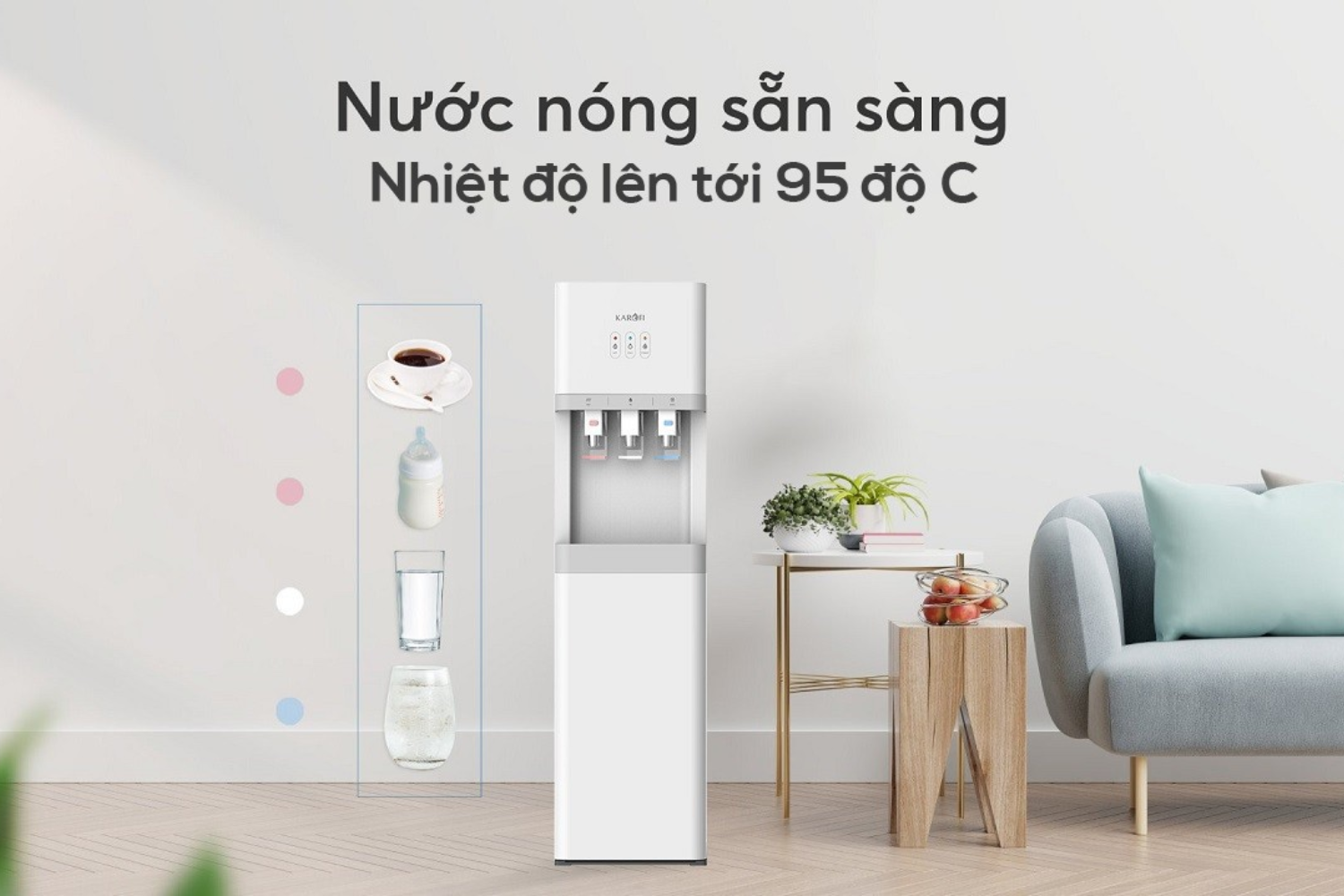 Karofi HCV208 có khả năng đun nước nhanh, nhiệt độ đạt tối đa 95°C