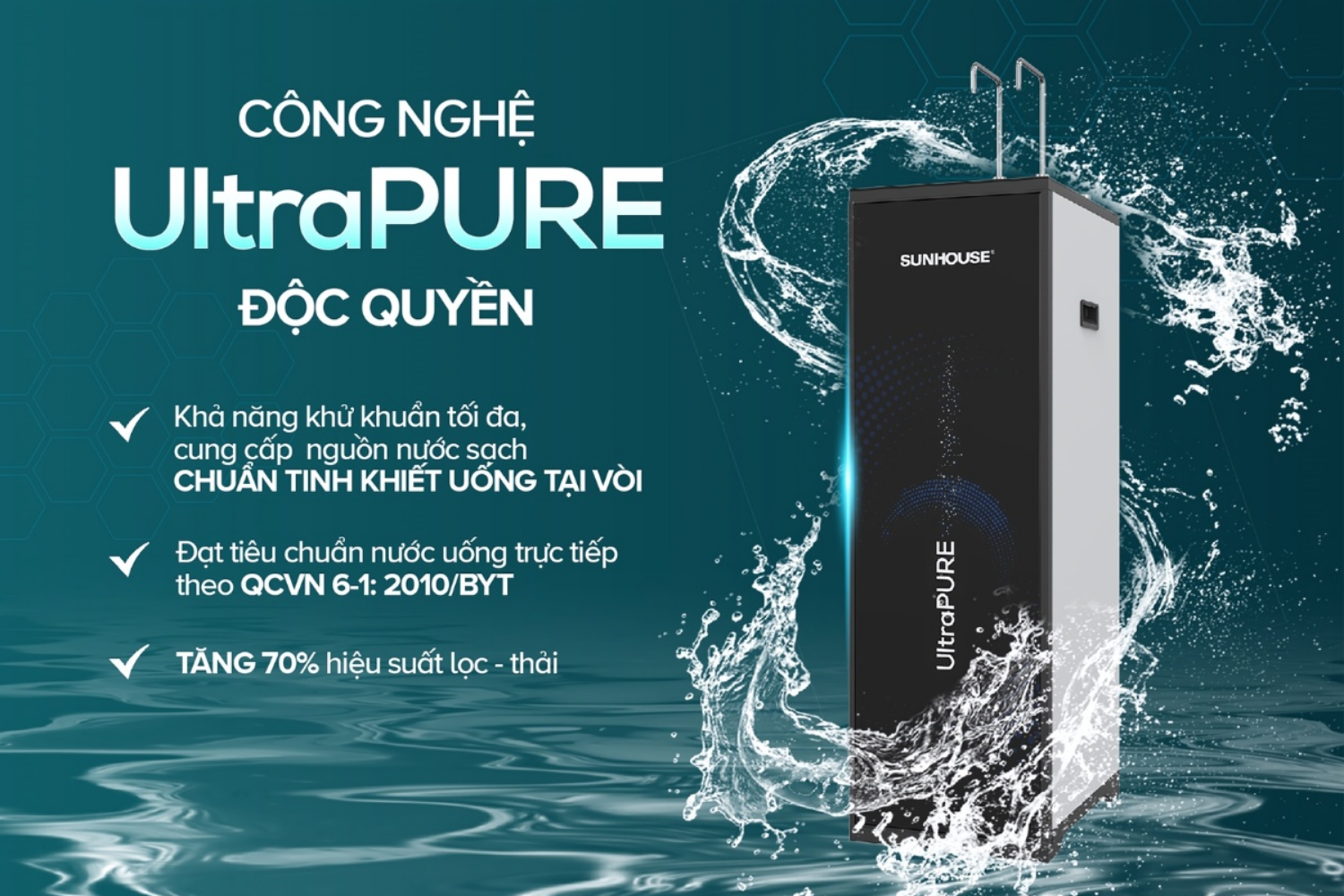 Máy lọc nước Sunhouse SHA76216CK cho ra nguồn nước sạch đến 99,99% tạp chất