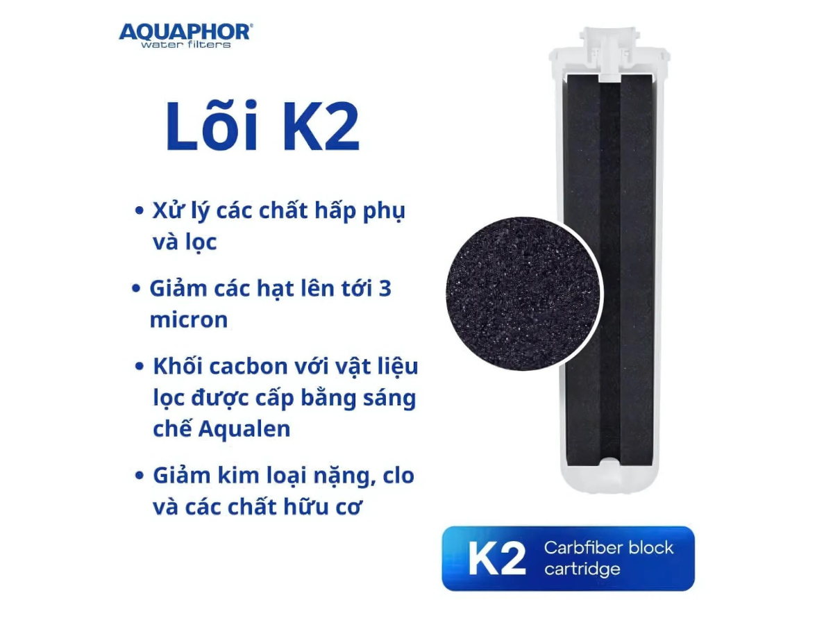 Lõi Aquaphor K2 kết hợp giữa than hoạt tính gáo dừa và sợi trao đổi ion Aqualen