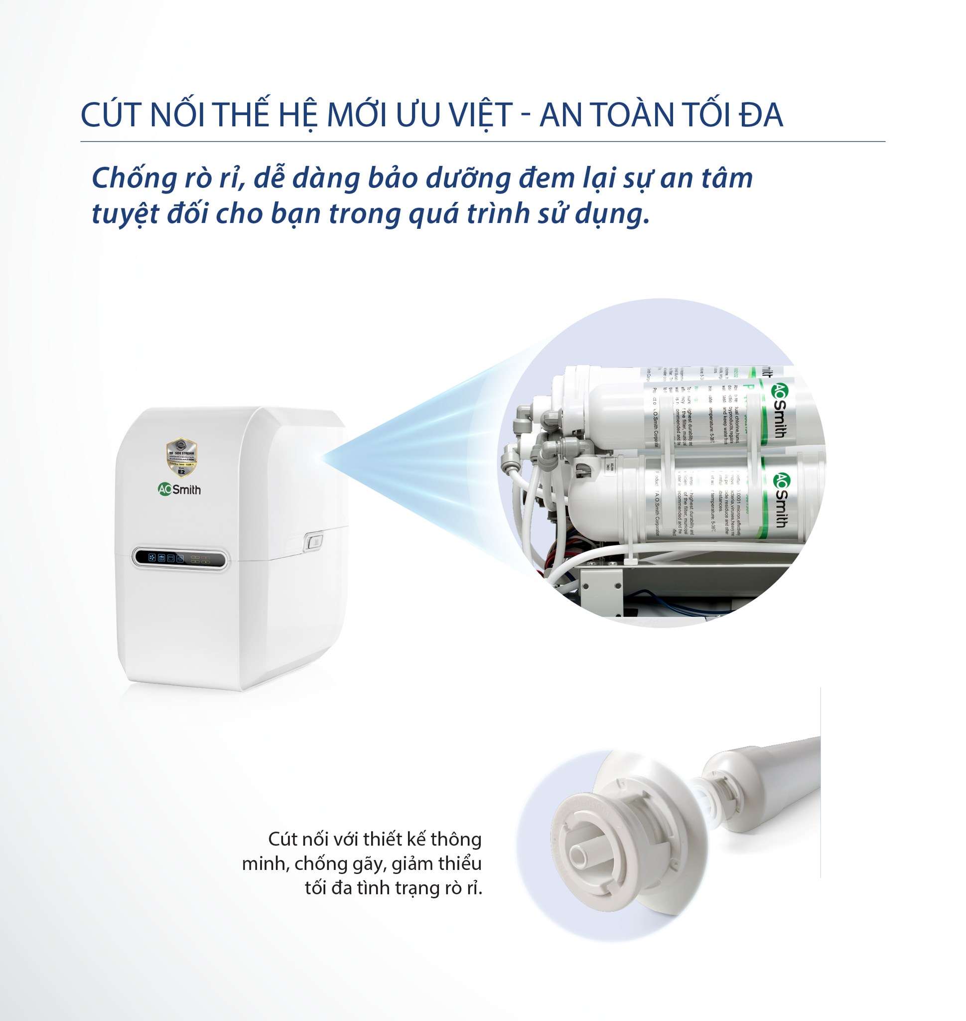 Máy lọc nước A.O. Smith E3 được thiết kế với cút nối nhanh thế hệ mới