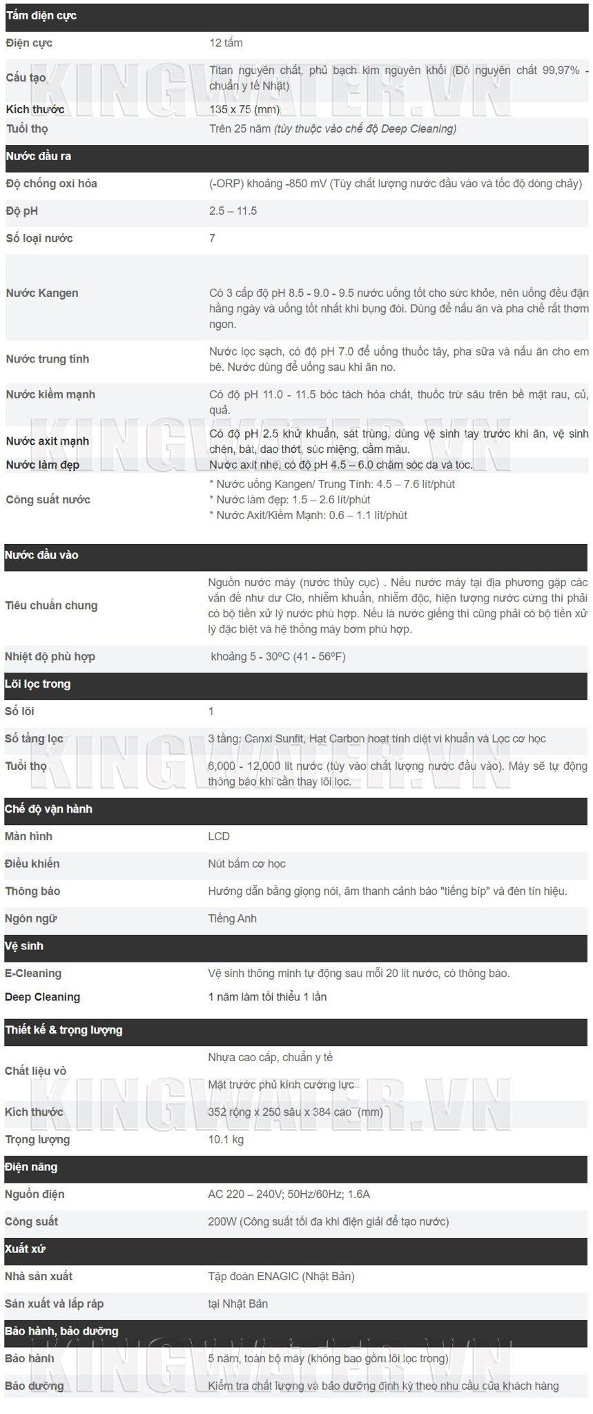 Thông số kỹ thuật của máy lọc nước điện giải Kangen Leveluk SD501