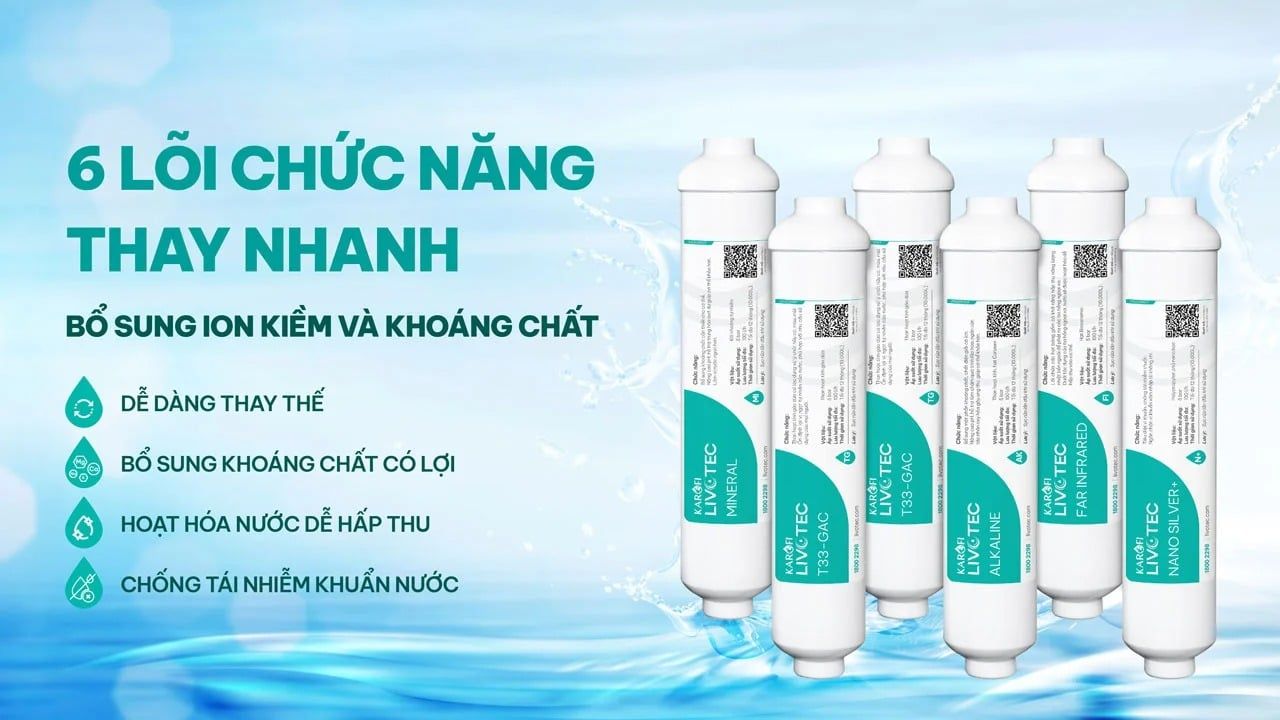 Máy lọc nước Karofi Livotec 615 cũng tích hợp 6 lõi lọc chức năng