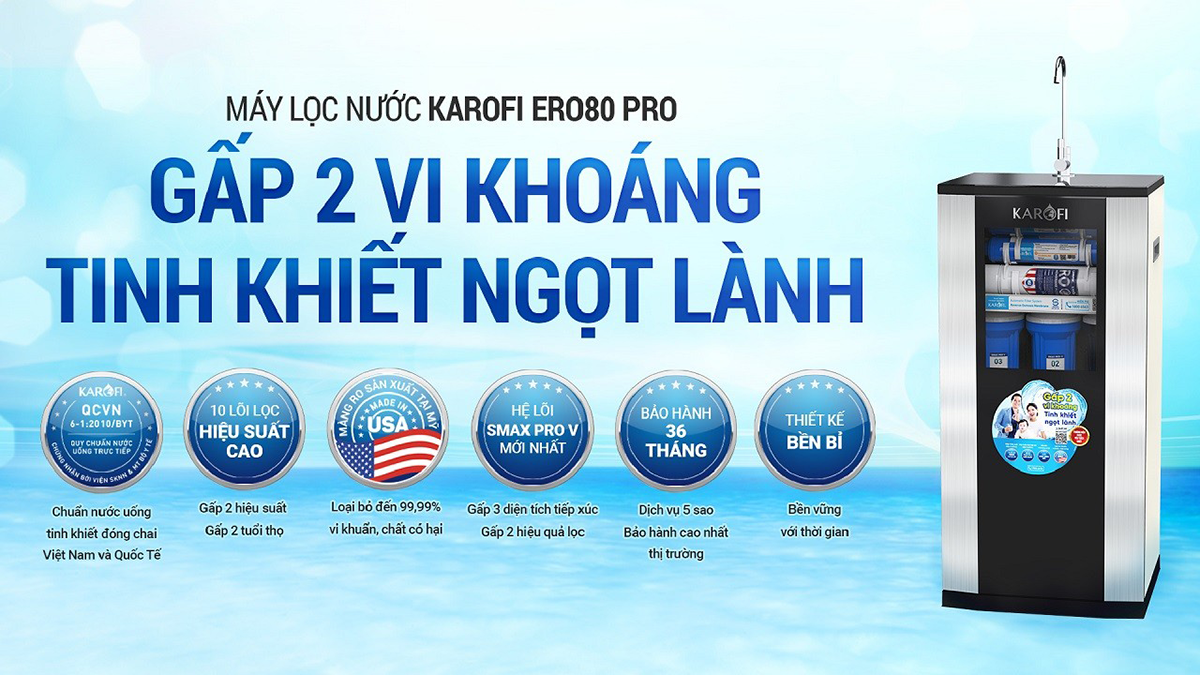 Máy lọc nước Karofi ERO80 Pro gấp 2 vi khoáng tinh khiết