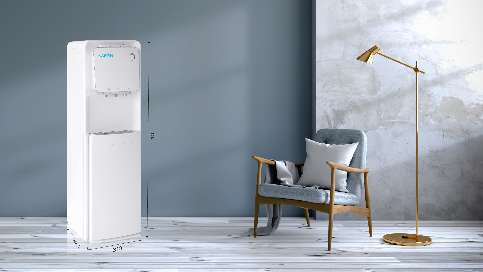 Cây nước nóng lạnh Karofi HC19 mang thiết kế gọn gàng, sang trọng