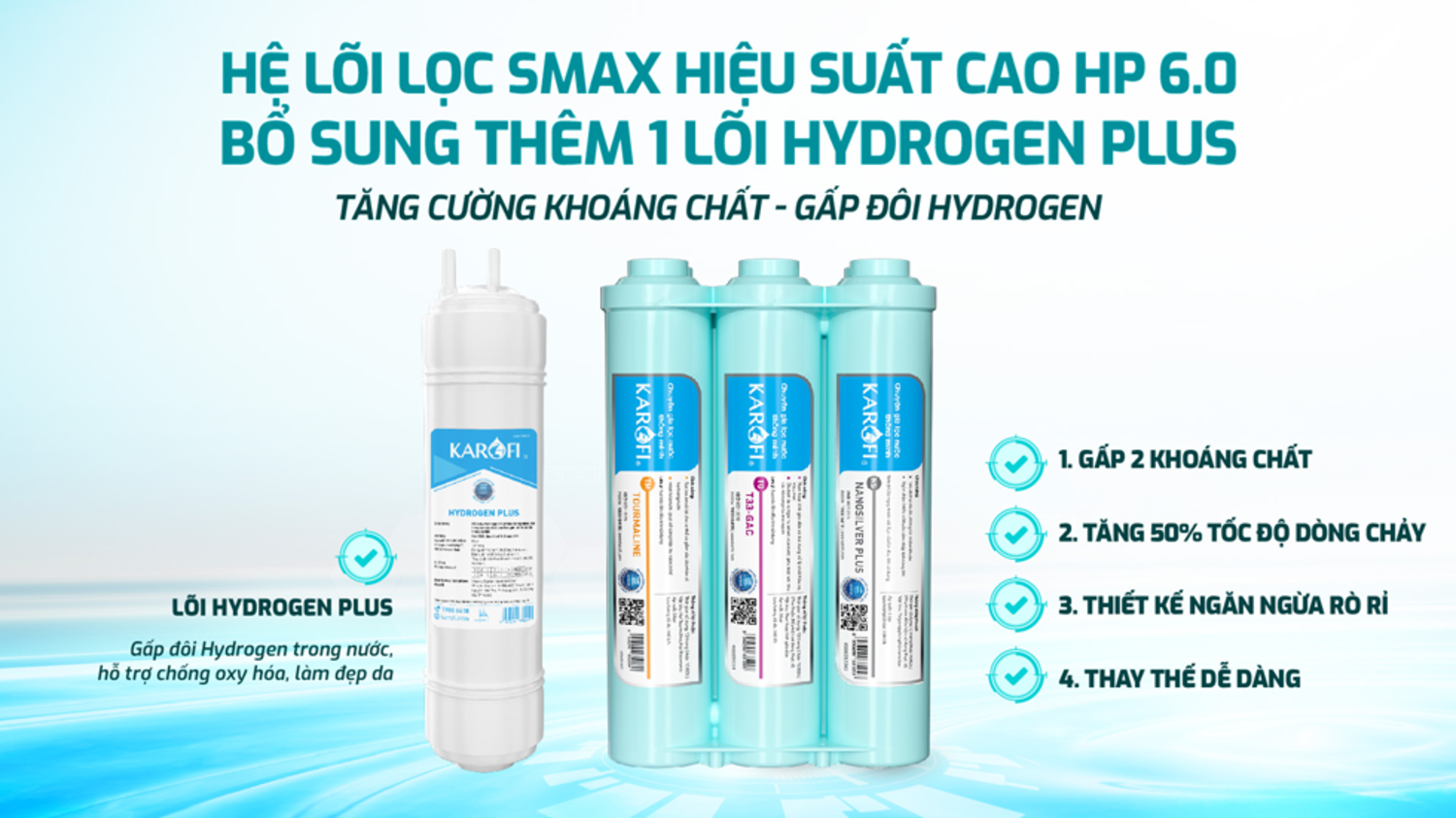 Máy lọc nước nóng lạnh Karofi KAD-M68 - Lõi Hydrogen Plus và lõi chức năng HP 6.0