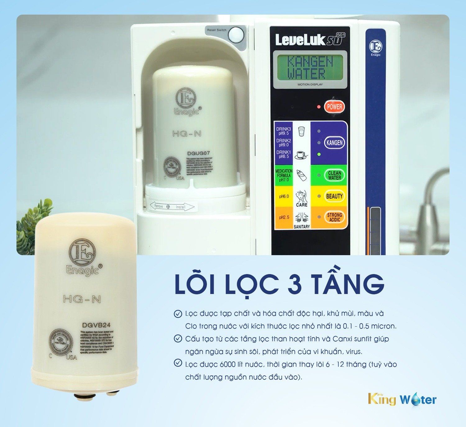 Kangen SD501 trang bị lõi lọc với 3 tầng lọc hiện đại