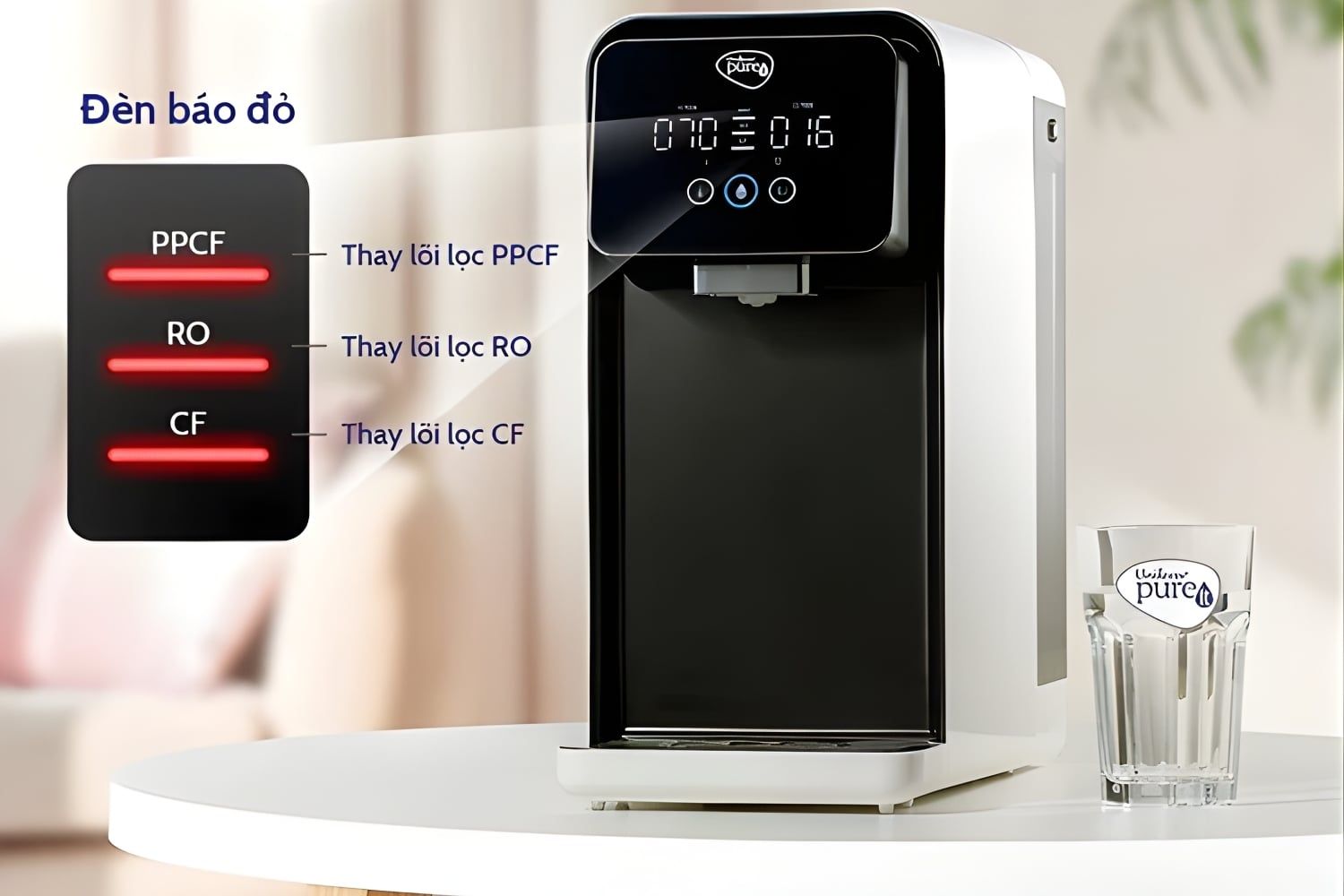 Đèn chỉ báo tuổi thọ lõi lọc trên màn hình kỹ thuật số