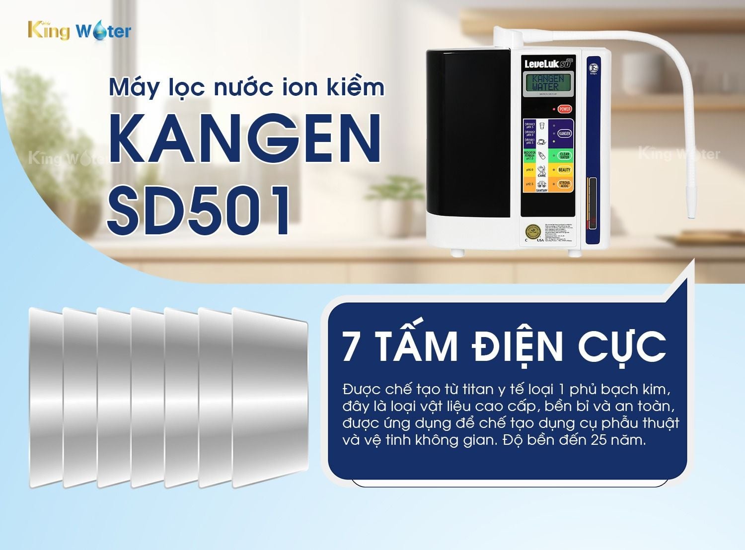Máy Kangen SD501 sở hữu 7 tấm điện phân Titanium phủ bạch kim
