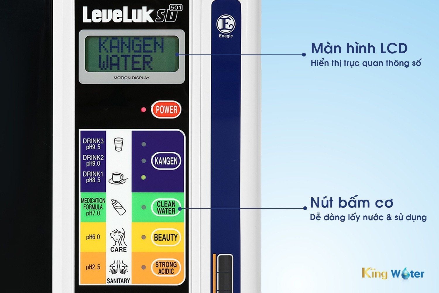 Máy ion kiềm Kangen LeveLuk SD501 tích hợp màn hình LCD hiển thị trực quan và nút bấm