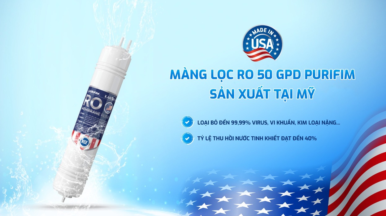 Màng RO Purifim 50GPD xuất xứ từ Mỹ có khả năng loại bỏ hơn 99% các chất độc hại
