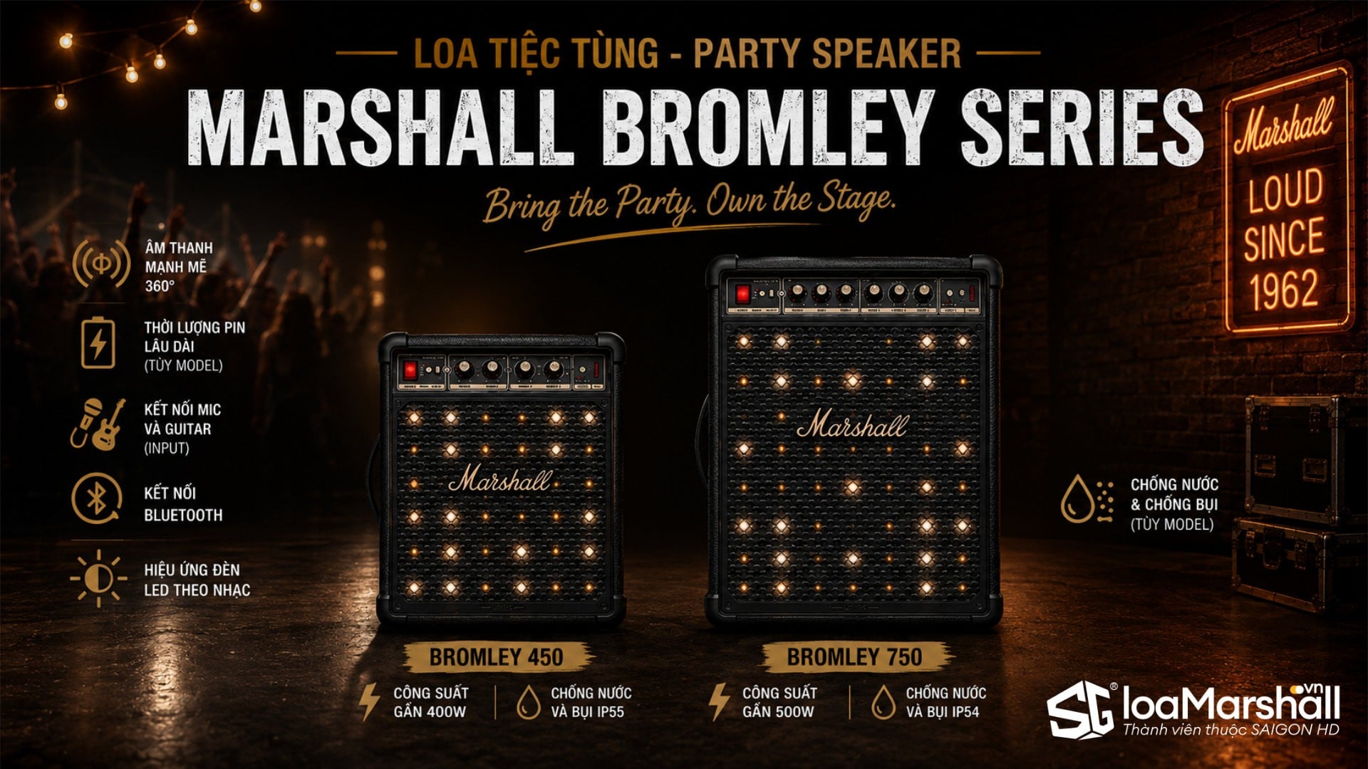 Marshall Party Speaker - Dòng loa tiệc tùng Karaoke Bluetooth di động Marshall với Bromley 450 và Bromley 750