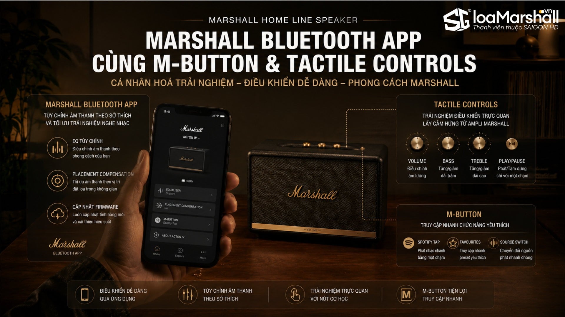 Marshall Bluetooth App cùng M-button và Tactile Control trên loa Marshall Acton 4 và Stanmore 4