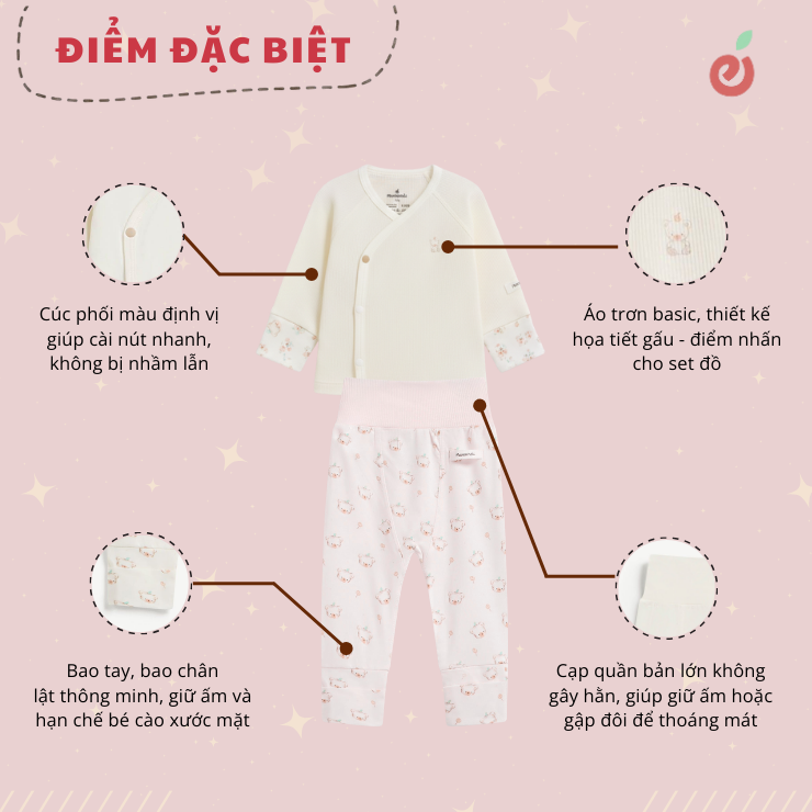 Bộ rời dài tay unisex sơ sinh quần họa tiết gấu Mamacheri