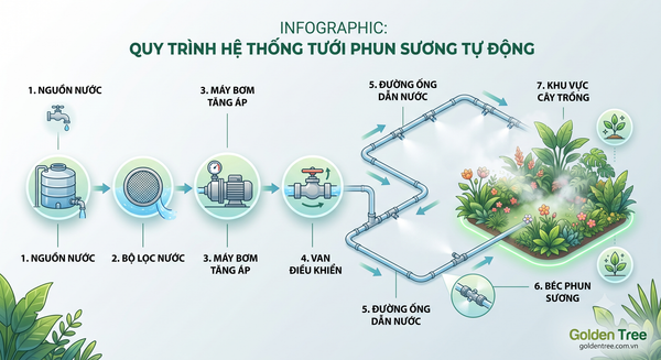 Cấu tạo hệ thống tưới phun sương tự động gồm bộ lọc van đường ống và béc phun