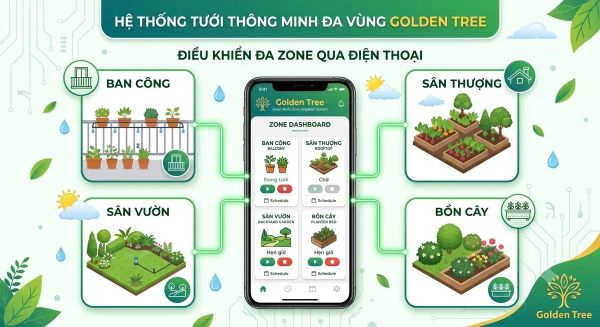 Sơ đồ điều khiển hệ thống tưới thông minh đa vùng Golden Tree qua điện thoại