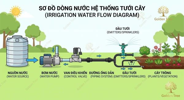 Sơ đồ dòng nước hệ thống tưới cây tự động gồm nguồn nước, máy bơm, van điều khiển, đường ống dẫn và đầu tưới Golden Tree
