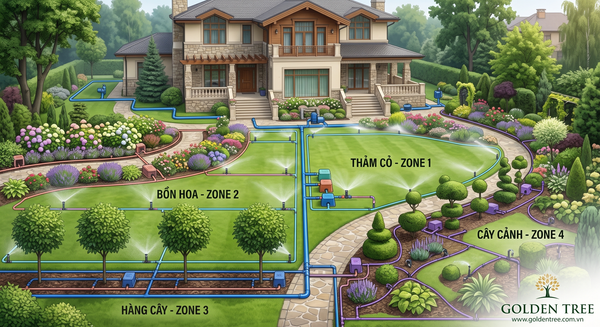 Chia khu vực tưới cho sân vườn biệt thự