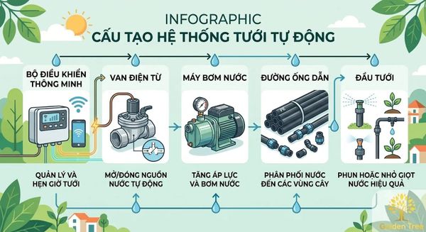 Infographic cấu tạo hệ thống tưới cây tự động gồm bộ điều khiển thông minh, van điện từ, máy bơm, đường ống và đầu tưới Golden Tree