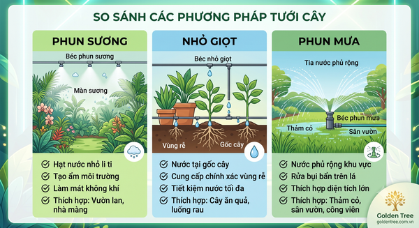 So sánh tưới phun sương tưới nhỏ giọt và tưới phun mưa